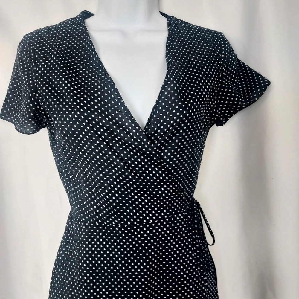 Jenni Kayne Cotton Trendy Feminine Navy/Ivory Polka-dot Wrap Dress